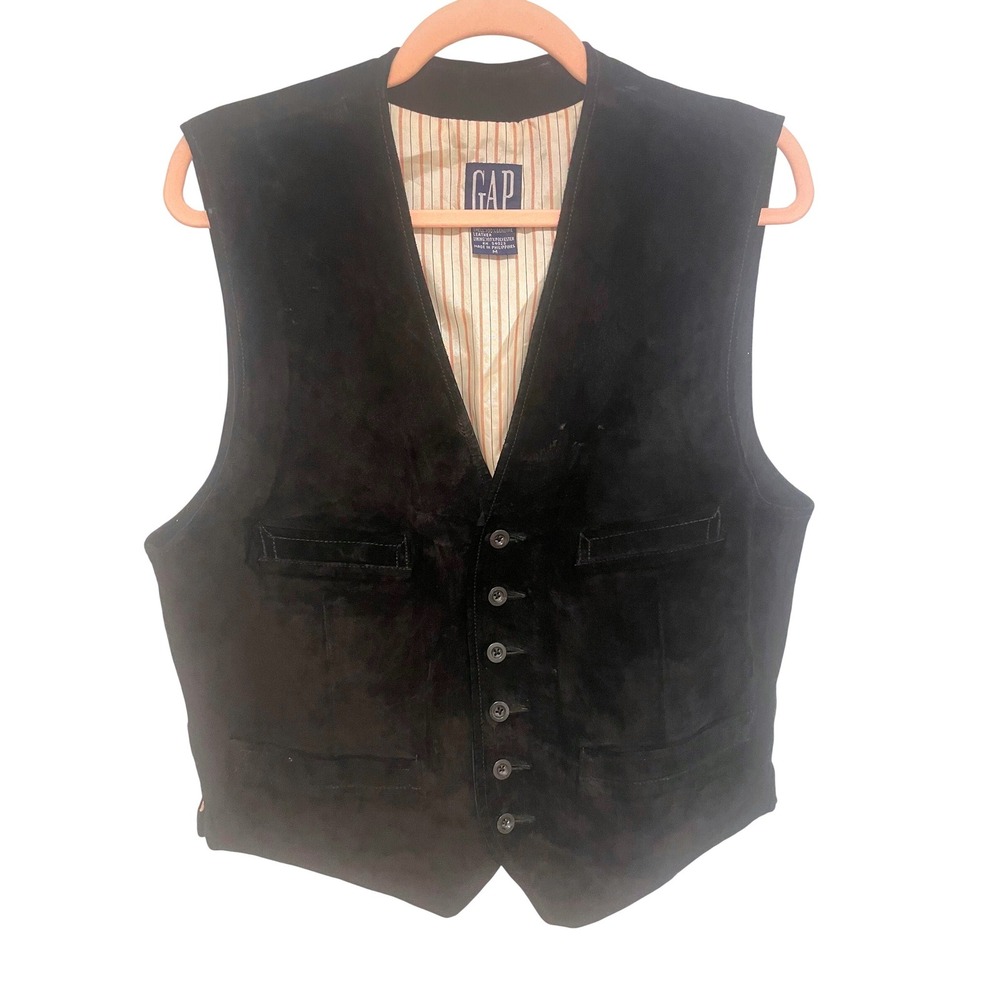 Vintage Suede Vest Gap Black Button Front Pinstripe Lining Medium 1990s